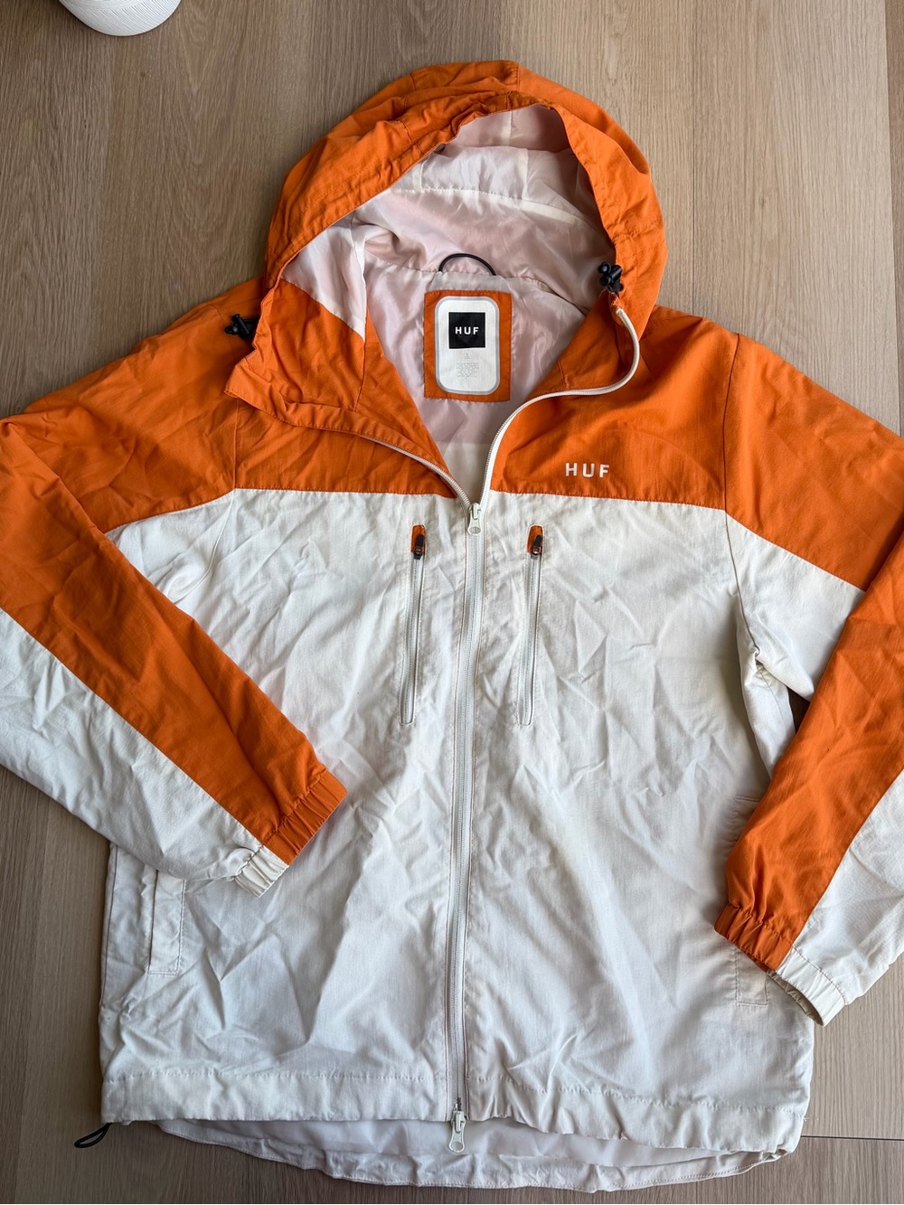 HUF Men’s Colorblock Hooded Full Zip Windbreaker Jacket L Orange/White